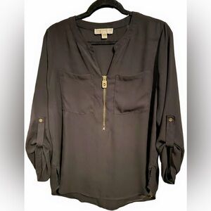 Michael Kors- Blouse in Sheer Material Roll Tab Sleeves Front Zipper- Large